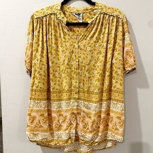 Jaase Boho Cottagecore Chartreusse Yellow Top Button Down Size Small